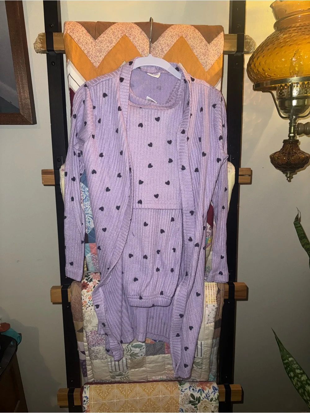 Amazon Lilac Cardigan and Sweater Set with Black Heart Print